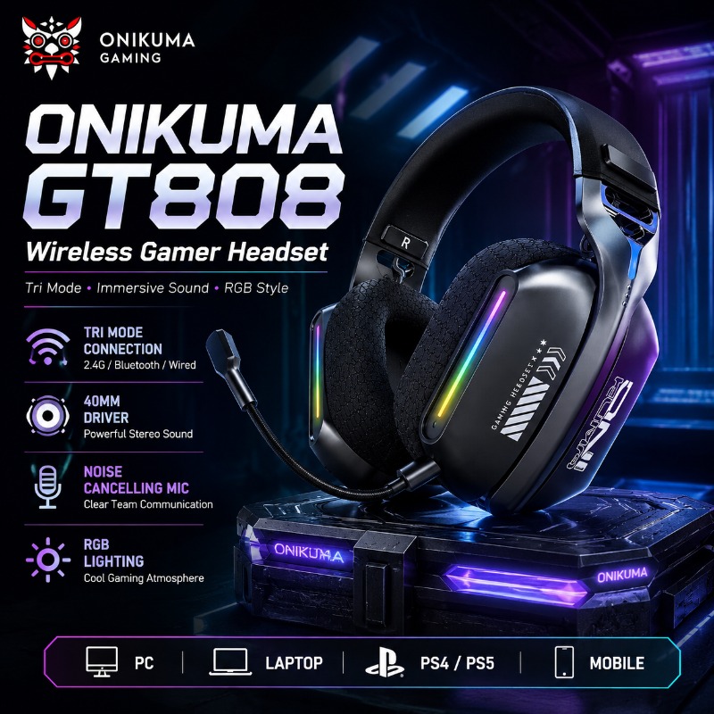 Gaming Headset With Mic Rgb - ONIKUMA GT808 Headset Gaming Nirkabel Tri