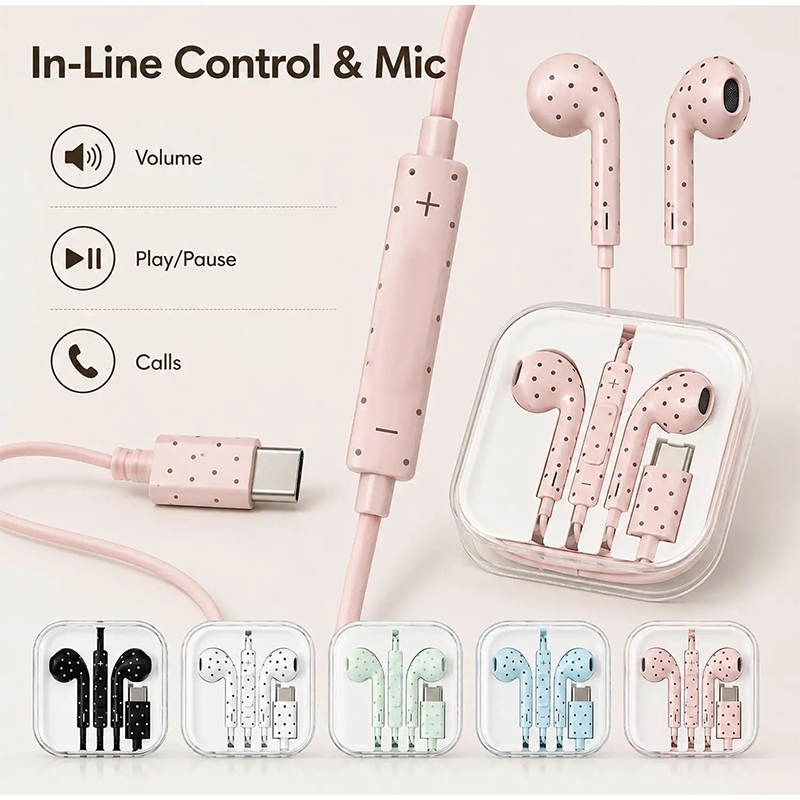 Type C Wired Earphones With Mic - Earphone Tipe C Pola Bintang Polka