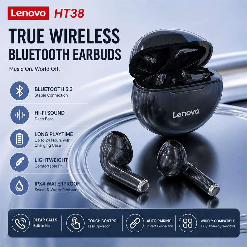 Tws Earbuds Bluetooth 5.3 - Headphone Nirkabel Lenovo HT38 Baru, Earphone
