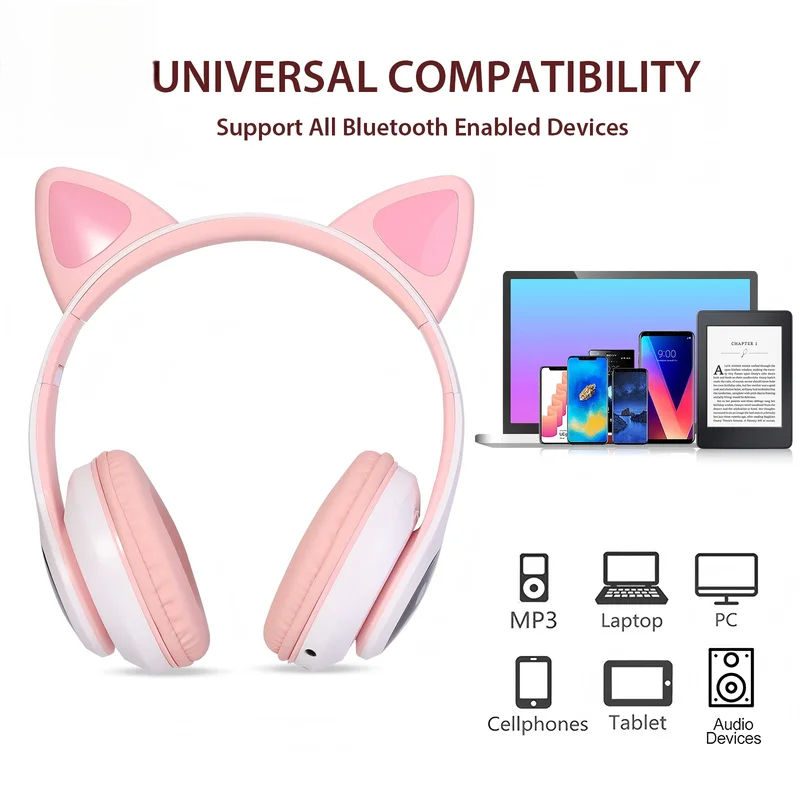 Cat Ear Bluetooth Headset Led - Headphone Bluetooth Nirkabel T28, Headset Over-Ear
