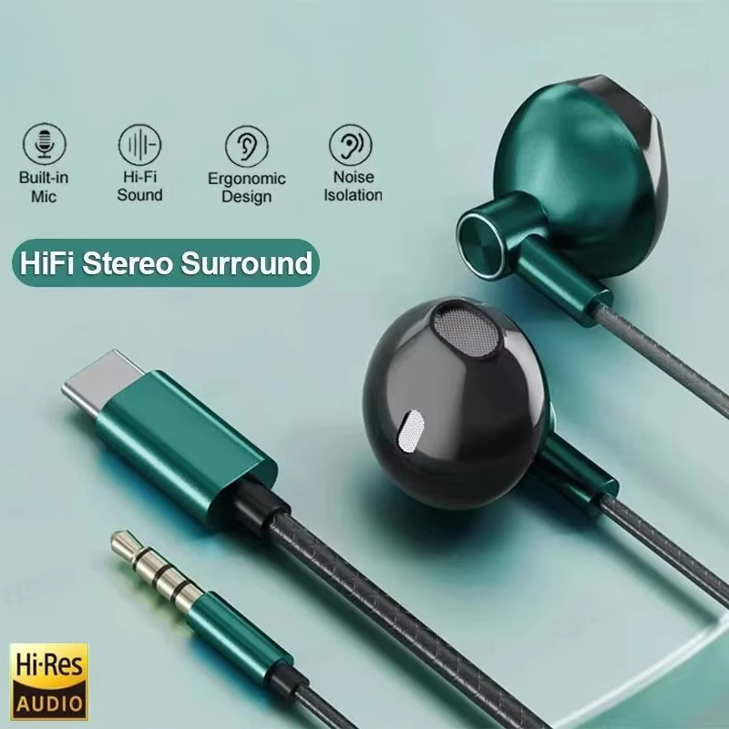 Type C Wired Earphones With Mic - Earphone Wired Stereo HIFI Tipe C