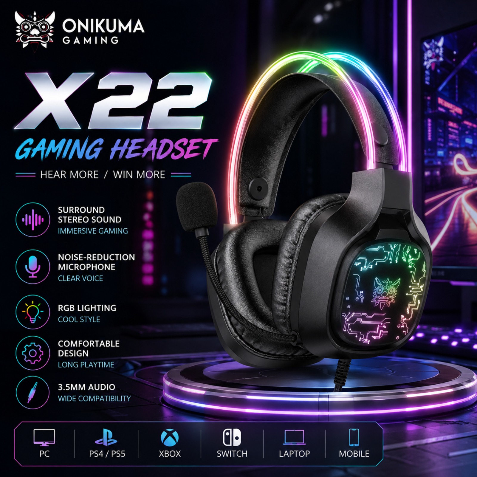 Gaming Headset With Mic Rgb - ONIKUMA X22 Headset Gaming Berkabel RGB