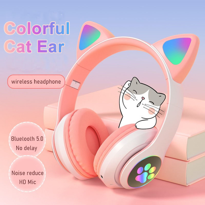 Headphone Bluetooth Nirkabel d - Cat Ear Bluetooth Headset Led ulasan dan harga