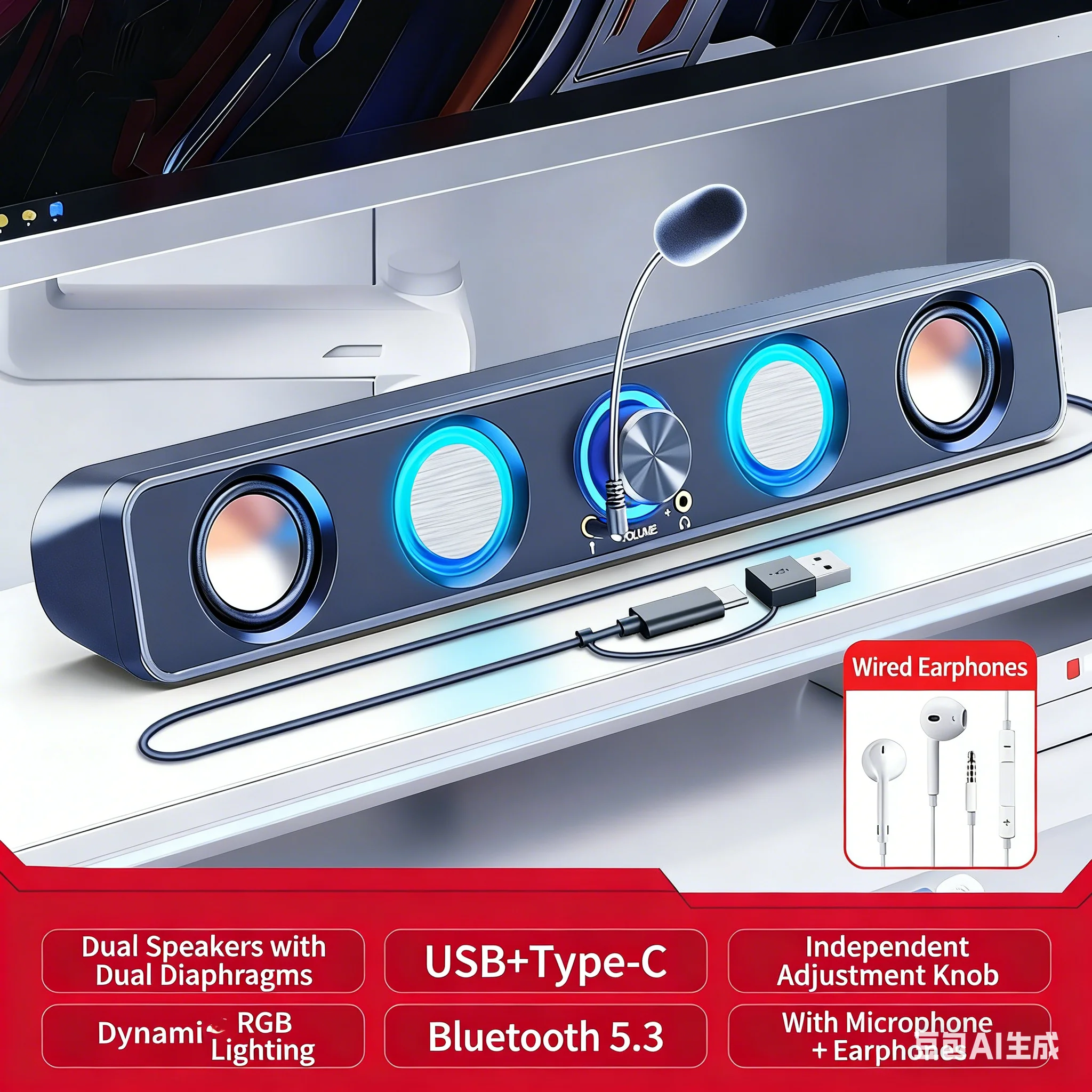 RGB Gaming Soundbar 2.0 Suara  - Rgb Computer Soundbar For Pc ulasan dan harga